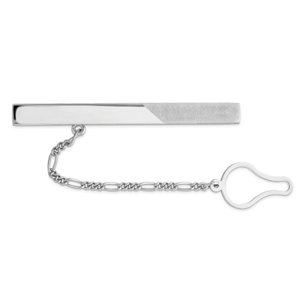 Rhodium Plated Sterling Silver Polished & Brushed Button Chain Tie Bar